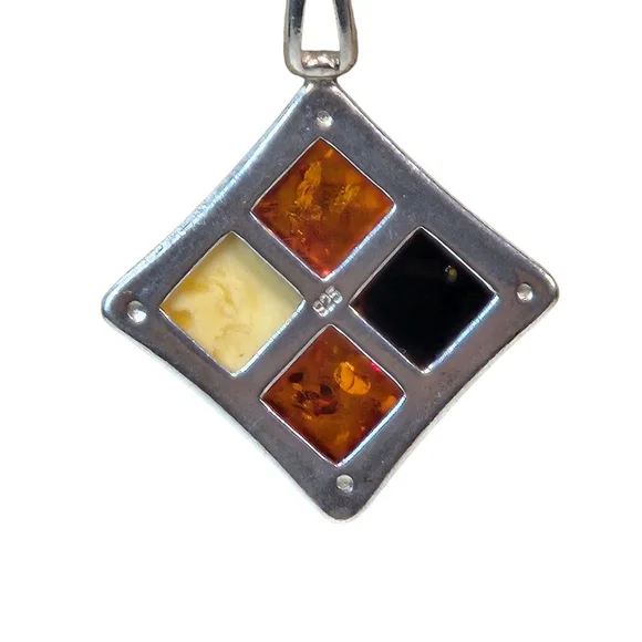 Vintage 925 Sterling Silver Amber Multi-color Pendant Necklace Women's Classic